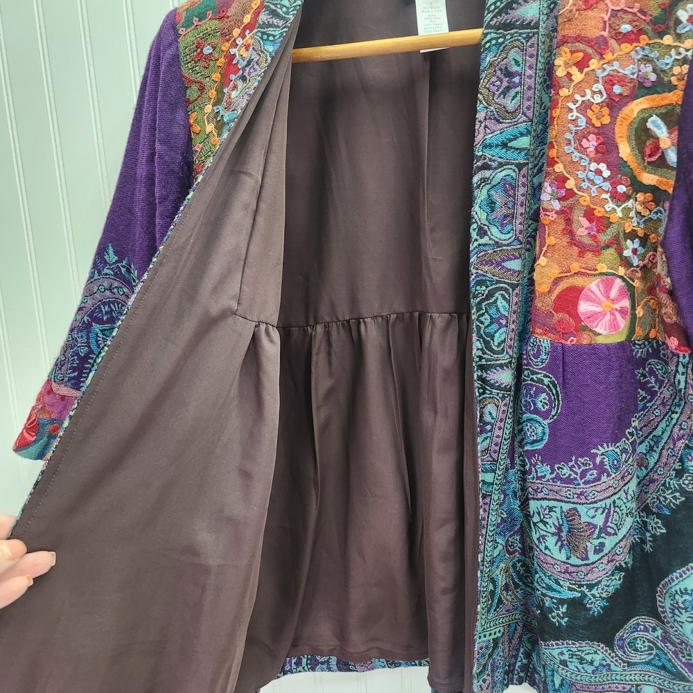 Soft Surroundings Embroidered Wool Open Front Blanket Style Boho Cardigan Size M - Picture 6 of 15